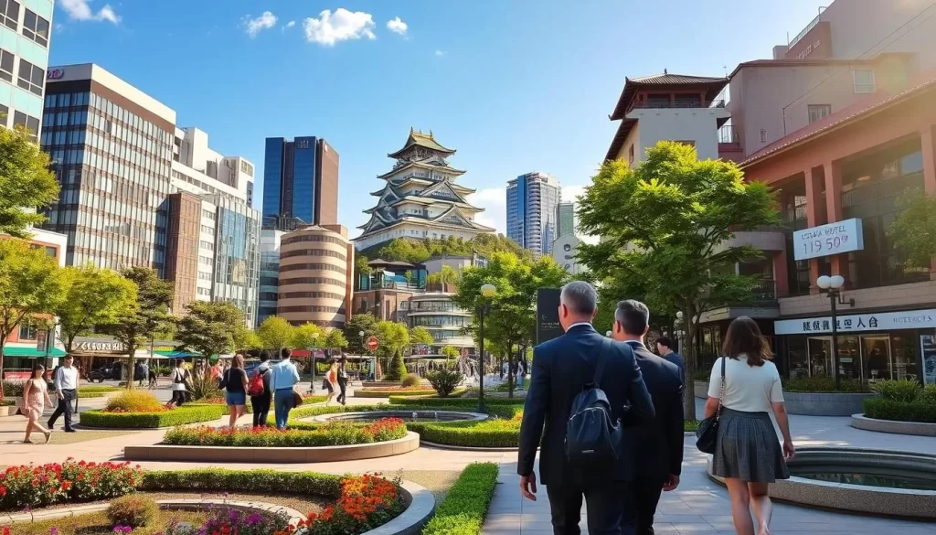 A sun-drenched outdoor scene of a bustling Osaka hotel district, with modern high-rise buildings and traditional Japanese architecture nestled amidst lush greenery. In the foreground, well-dressed travelers stroll past neatly kept flower beds and ornamental ponds, taking in the vibrant atmosphere. The middle ground showcases a variety of hotels, from sleek glass-and-steel towers to charming ryokans, their prices clearly displayed on illuminated signs. In the background, the iconic Osaka Castle looms majestically, bathed in warm, golden light. An overall sense of tranquility and affordability pervades the scene, inviting budget-conscious visitors to explore the city's cultural riches.