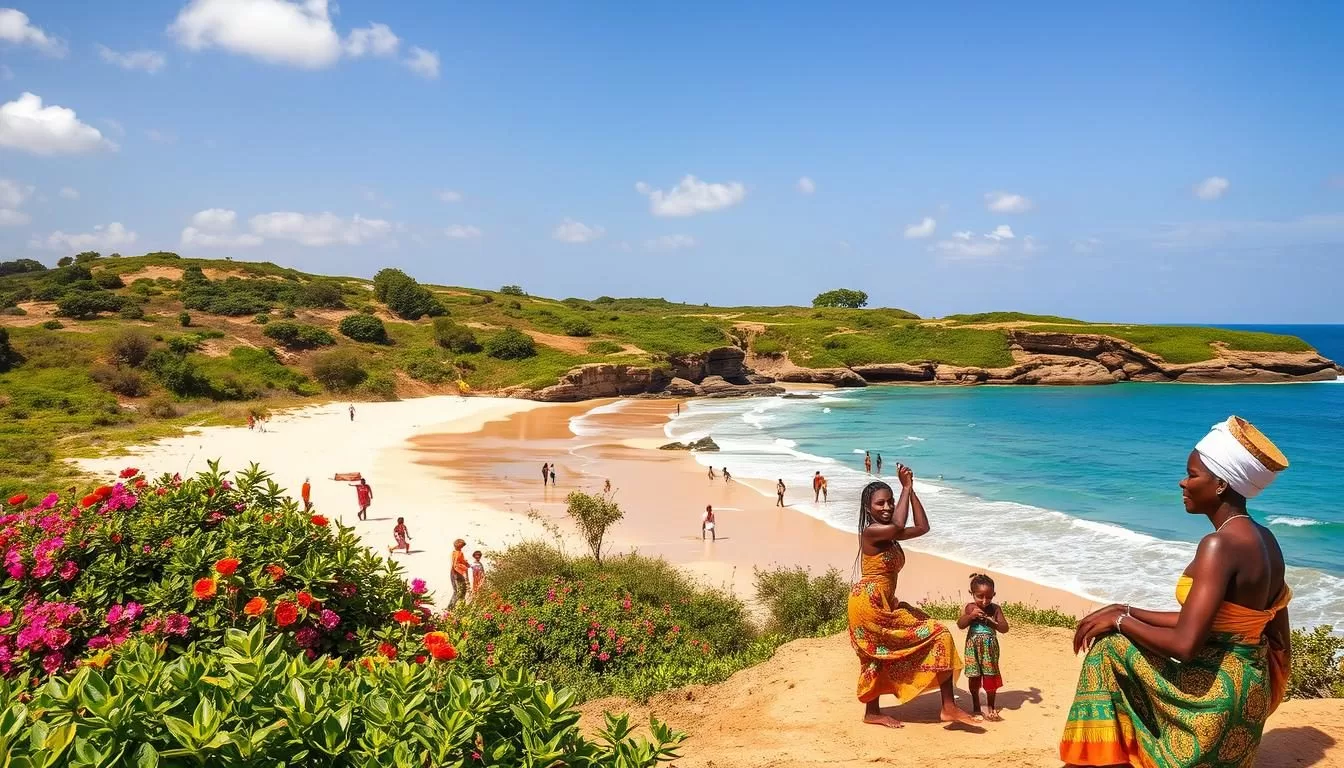 A sun-drenched, picturesque scene of Senegal in the peak of its ideal travel season. Lush, verdant landscapes dotted with vibrant, colorful flora and fauna. Pristine white sand beaches lapped by turquoise waters under a clear, azure sky. Smiling locals engaged in lively cultural activities, showcasing the warmth and hospitality of the Senegalese people. Dramatic, warm lighting illuminates the serene, idyllic setting, capturing the perfect weather conditions for a weather-savvy trip to this West African gem.