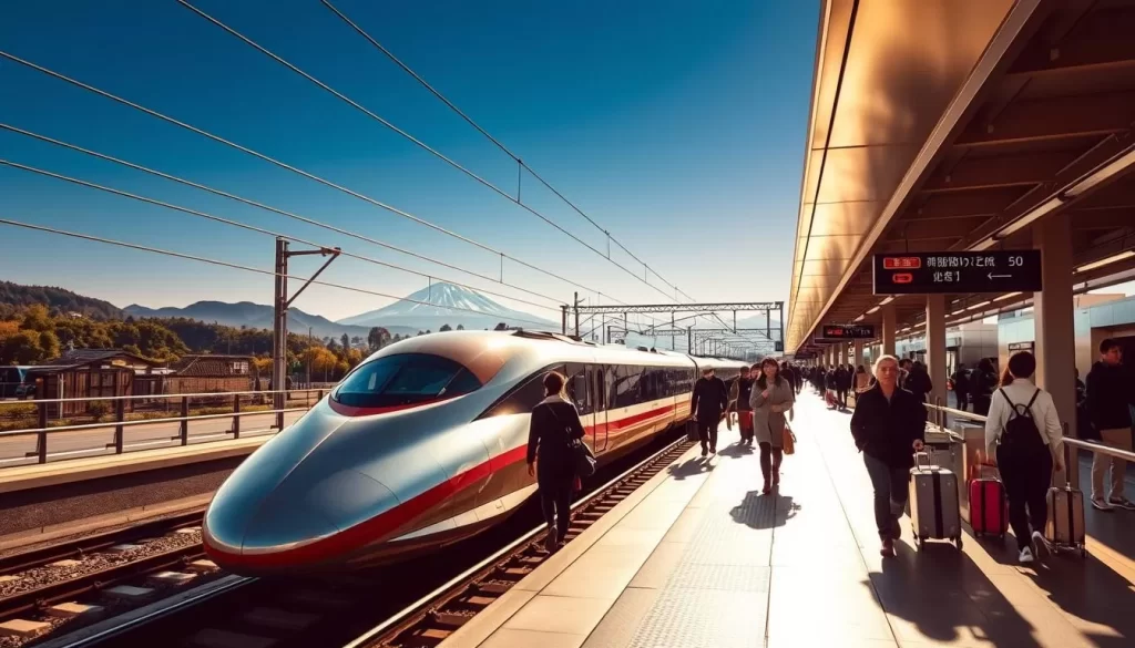 A sun-drenched platform bustles with travelers in a modern Japanese train station. In the foreground, a sleek bullet train waits to depart, its streamlined silhouette gleaming under the warm light. Passengers hurry along the platform, their bags and suitcases in hand, as they prepare to board the train for their journey across the lush, mountainous landscapes of Honshū. Beyond the station, the distant peaks of the Japanese Alps rise majestically, creating a picturesque backdrop to this scene of efficient, comfortable rail travel. The atmosphere is one of excitement and anticipation, capturing the essence of transportation in this iconic region of Japan.
