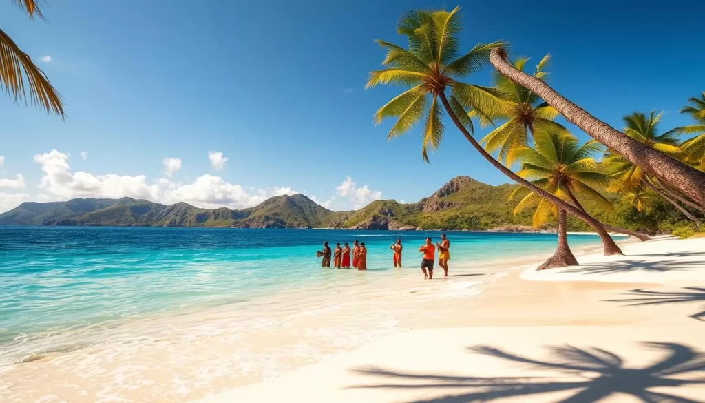 A sun-drenched, pristine stretch of N'Gouja beach on the idyllic island of Mayotte. Crystal-clear turquoise waters lap softly against powdery white sand, framed by lush palm trees swaying gently in the warm breeze. In the middle ground, a group of locals engage in traditional Mahorais festivities, their vibrant costumes and lively music creating a captivating cultural scene. The background features the rugged, verdant hills that dominate Mayotte's stunning natural landscape, bathed in the golden glow of a picturesque afternoon. The overall atmosphere exudes a sense of peaceful serenity and authentic island charm, perfectly encapsulating the essence of Mayotte's renowned festival experience.