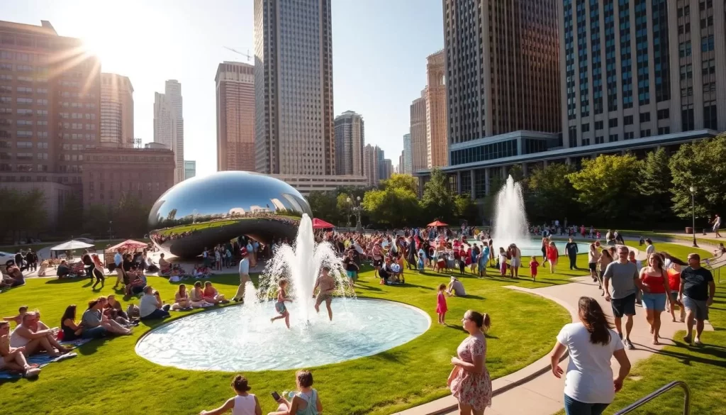 A sun-drenched scene of a bustling Chicago summer day. A vibrant crowd gathers in Millennium Park, amidst the iconic Bean sculpture and the Buckingham Fountain's cascading waters. Families picnic on the lush green lawn, children frolic through the interactive Crown Fountain, and young couples stroll hand-in-hand along the winding paths. High-rise buildings and the Chicago skyline loom in the background, bathed in warm, golden light. The atmosphere is lively and joyful, capturing the spirit of free, outdoor enjoyment that the Windy City offers in the summertime.