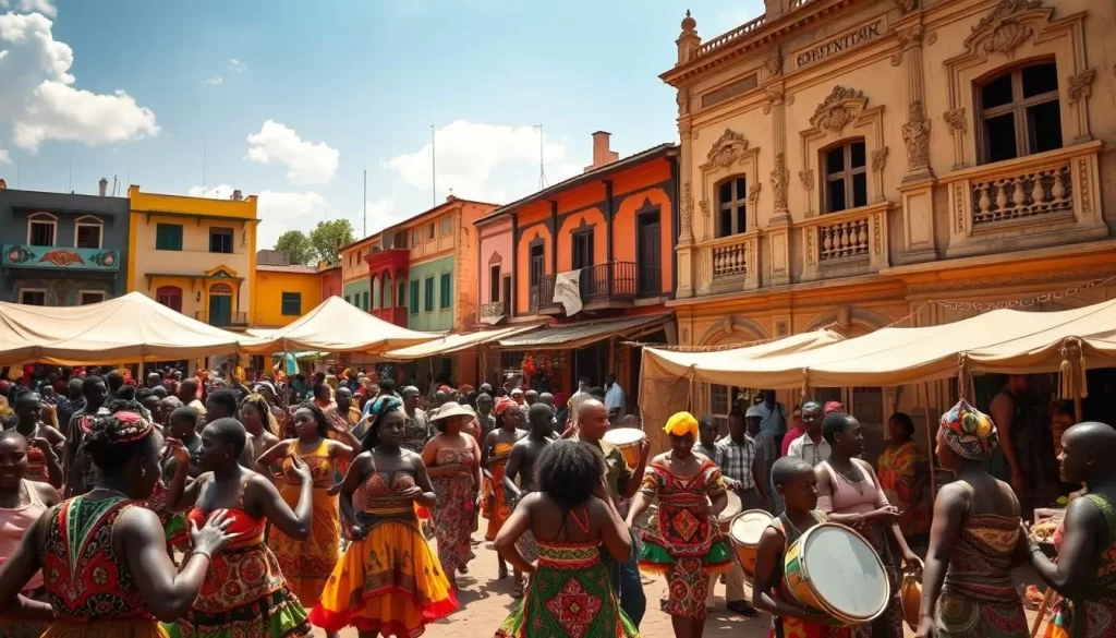 A sun-drenched village square in Benin, bustling with a vibrant festival. In the foreground, a lively crowd dances to the rhythmic beats of traditional drums, their colorful, intricate costumes swirling with energy. In the middle ground, artisans showcase their handcrafted wares, from vibrant textiles to intricate woodcarvings. The background features a backdrop of sun-dappled buildings, their facades adorned with vibrant murals and ornate architectural details. Warm, golden light filters through the scene, creating a festive, welcoming atmosphere. Capture the essence of the Beninese culture, its rich traditions, and the joy of its festival season.