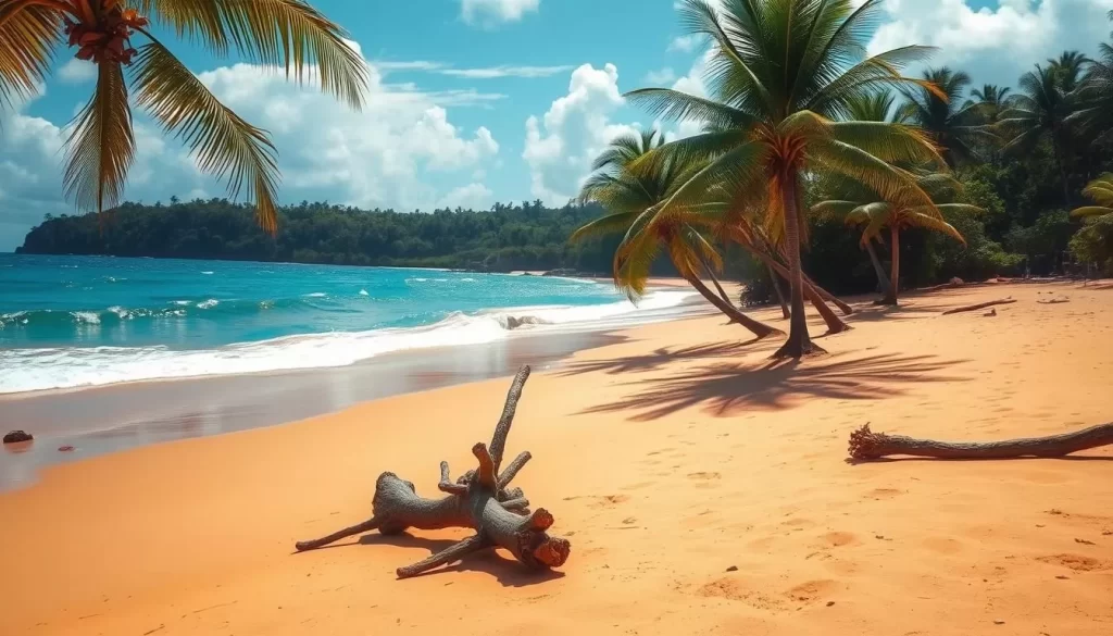 A sun-kissed Playa Negra beach nestled in the lush tropical setting of Cahuita, Costa Rica. Warm golden sand stretches out, dotted with driftwood and palm trees swaying gently in the offshore breeze. Azure waves crash upon the shore, their foam-capped tips glittering in the mid-afternoon sunlight. In the distance, a verdant forest canopy frames the scene, creating a serene and picturesque tropical escape. Capture the tranquil atmosphere with a wide-angle lens, showcasing the idyllic beachscape and its natural splendor.