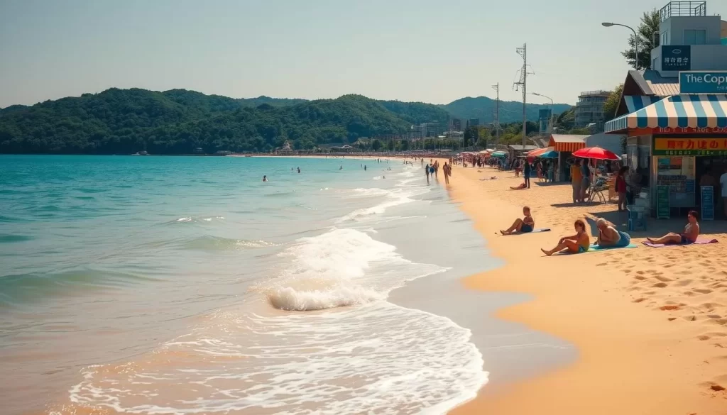 A sun-kissed beach in Chiba, Japan, with gentle waves lapping against the golden sand. In the foreground, a group of beachgoers relax on colorful towels, some splashing in the crystal-clear waters. The middle ground features a bustling promenade lined with traditional seaside vendors, their stalls offering refreshing drinks and local delicacies. In the background, lush green hills and a clear azure sky create a serene, picturesque landscape. The scene is bathed in warm, golden sunlight, creating a inviting, summery atmosphere. Capturing the essence of a perfect summer day in Chiba, this image exudes a sense of tranquility and joy.