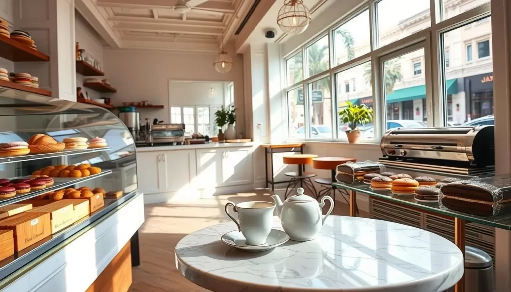 A sun-soaked Parisian-style cafe in the heart of Los Angeles, the scene is alive with the aroma of freshly baked croissants and the elegant display of exquisite French desserts. In the foreground, a glass-enclosed pastry case showcases an array of delicate macarons, flaky napoleons, and decadent chocolate eclairs. A lone marble-topped table is set with a delicate porcelain tea service, inviting passersby to indulge in a moment of Parisian-inspired reverie. The middle ground features a chic, contemporary interior with crisp white walls, warm wood accents, and a gleaming espresso machine behind the counter. In the background, the bustling street outside is visible through large picture windows, hinting at the dynamic energy of Los Angeles beyond the tranquil oasis of this authentic French patisserie.