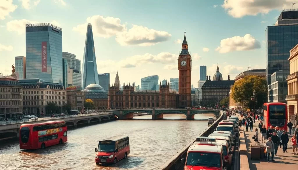 A sunny cityscape of London's iconic landmarks, with people strolling along the River Thames. In the foreground, the famous red double-decker buses and black cabs navigate the lively streets. In the middle ground, the towering silhouettes of Big Ben and the Houses of Parliament rise majestically. In the background, the gleaming glass facades of modern skyscrapers complement the historic architecture. The scene is bathed in warm, natural light, capturing the vibrant and diverse atmosphere of the city without the need for any captions or overlays.