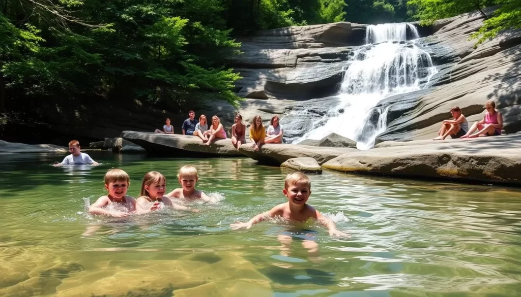 A sunny day at Diana's Baths, New Hampshire. In the foreground, children splash and play in the crystal-clear pools, laughter echoing through the verdant forest. In the middle ground, families relax on smooth boulders, dipping their feet in the cool waters. The background features a cascading waterfall, its gentle flow creating a soothing ambiance. Warm, diffused lighting bathes the scene, accentuating the natural beauty. The atmosphere is one of carefree exploration and family bonding, capturing the essence of visiting Diana's Baths with kids.