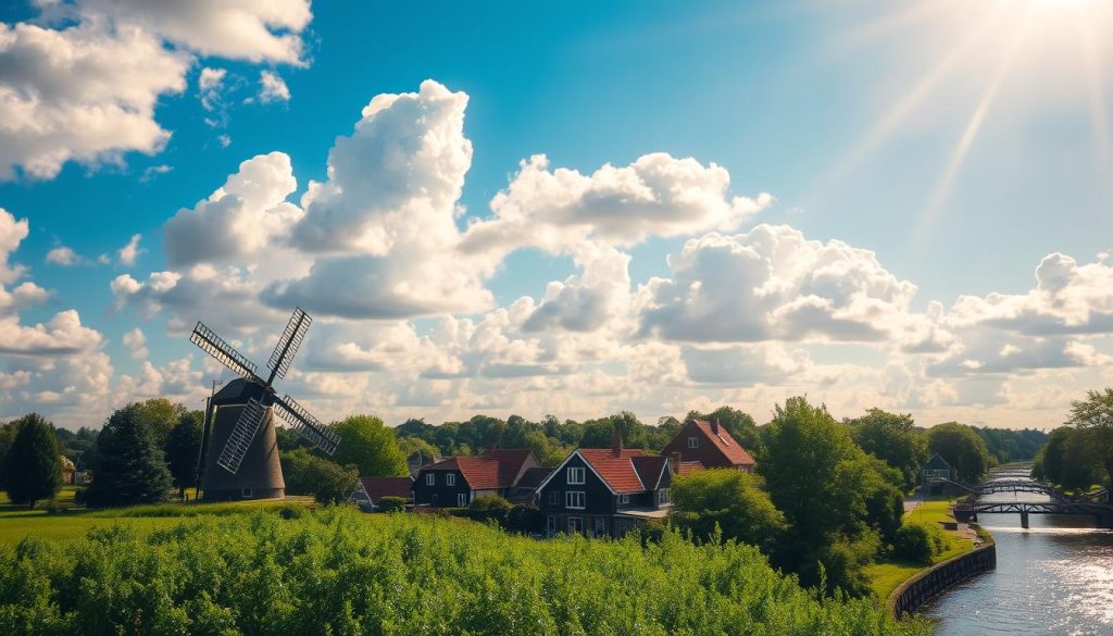 A sunny day in the Netherlands, with fluffy cumulus clouds drifting lazily across a vibrant azure sky. Sunlight filters through the clouds, casting a warm, golden glow over the lush, verdant landscape below. In the foreground, a picturesque windmill stands tall, its sails catching the gentle breeze. In the middle ground, a quaint Dutch town, with its charming gabled houses and cobblestone streets, comes into view. In the distance, the gentle flow of a canal reflects the surrounding scenery, creating a serene and tranquil atmosphere. The overall scene exudes a sense of peaceful, idyllic charm, perfectly capturing the best times to visit the Netherlands for festival enthusiasts.