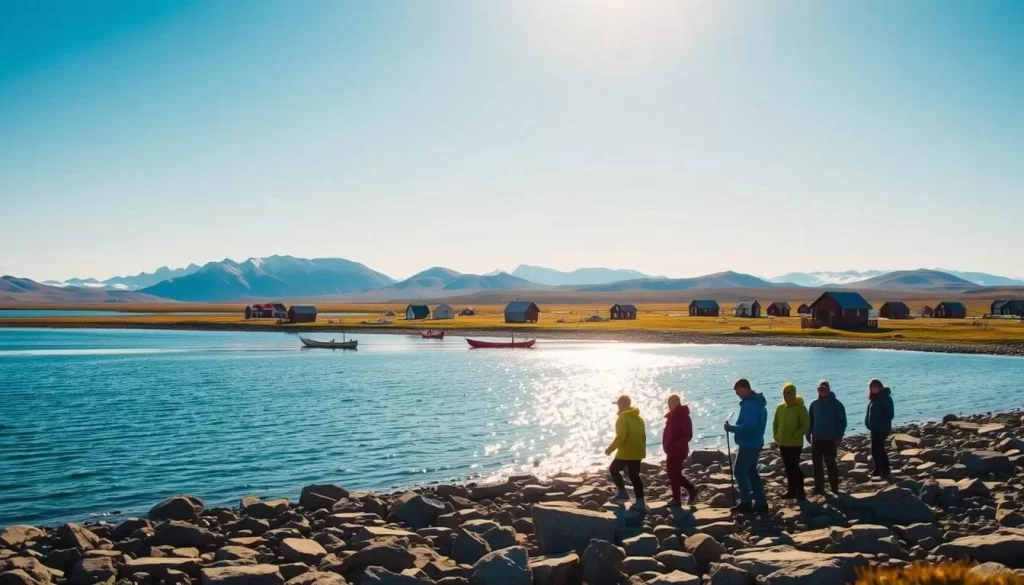 A sunny day in the coastal town of Naujaat, Nunavut. In the foreground, a group of visitors explore the rocky shoreline, marveling at the unique wildlife and geological formations. In the middle ground, traditional Inuit sod houses and kayaks dot the landscape, while in the background, the rugged mountains of the Canadian Arctic rise majestically. The scene is bathed in warm, golden light, creating a sense of tranquility and wonder. The visitors are dressed in practical, weatherproof attire, ready to embrace the elements and immerse themselves in the rich cultural heritage of this remote northern community.