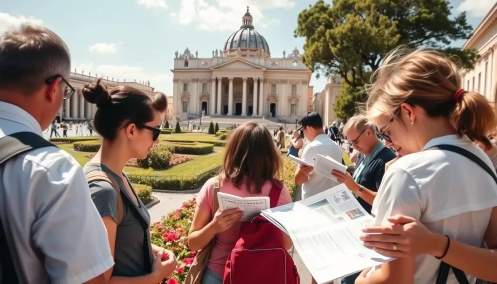 A sunny, picturesque day in Vatican City, showcasing the grand architecture of St. Peter's Basilica in the background. In the foreground, a group of tourists meticulously plan their visit, referencing maps and guidebooks. The middle ground features a well-maintained garden with blooming flowers, adding a touch of natural beauty to the scene. Soft, natural lighting casts a warm glow over the entire composition, creating a sense of tranquility and anticipation. The angle captures the grandeur of the setting while highlighting the planning process, emphasizing the importance of preparation for a memorable Vatican experience.