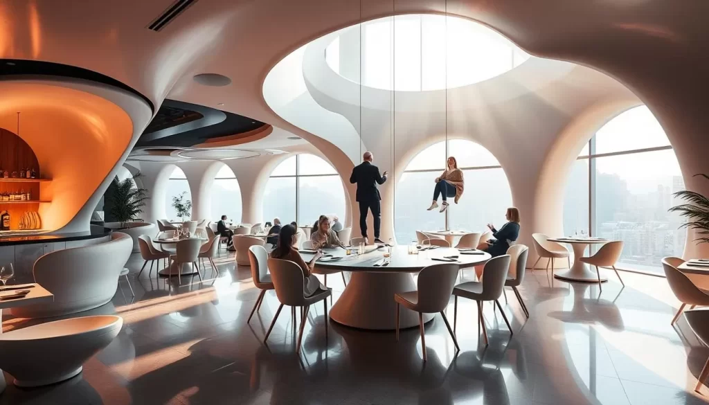 A surreal and immersive dining experience set in a whimsical, futuristic environment. An avant-garde restaurant interior with sleek, organic furniture and modern architectural elements. Soft, natural lighting filters through large windows, casting warm shadows across the space. At the center, a unique dining arrangement featuring levitating tables and chairs, creating an illusion of guests floating mid-air as they enjoy their meal. The atmosphere is serene, almost dreamlike, inviting diners to indulge in a truly one-of-a-kind culinary journey.