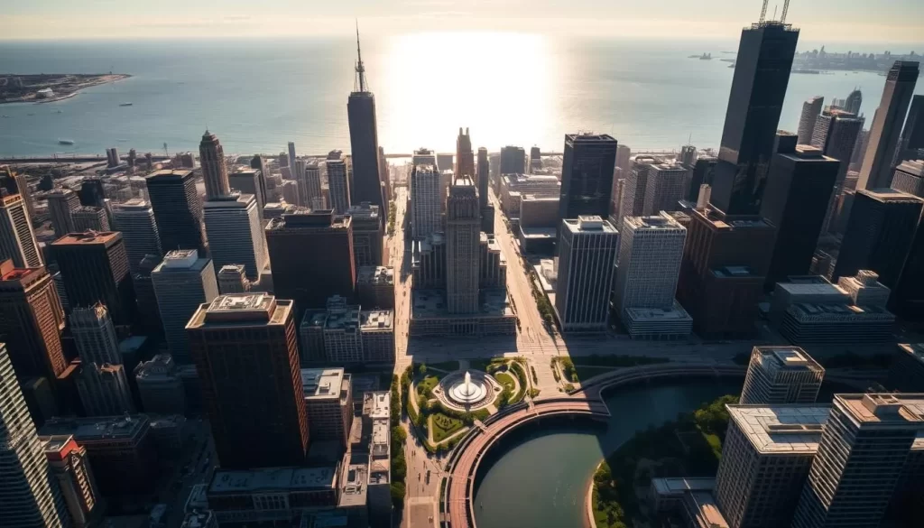 A sweeping aerial view of Chicago's stunning skyline, framed by the majestic Lake Michigan on the horizon. Towering skyscrapers, including the iconic Willis Tower, cast dramatic shadows across the bustling streets below. The sun's golden rays illuminate the city's architectural marvels, from the historic Buckingham Fountain to the sleek, modern structures that define the Windy City's ever-evolving landscape. In the foreground, the Chicago River winds its way through the heart of the city, its reflections mirroring the city's dynamic energy. This captivating scene captures the unexpected history and enduring charm of Chicago, a metropolis that seamlessly blends its storied past with a visionary future.