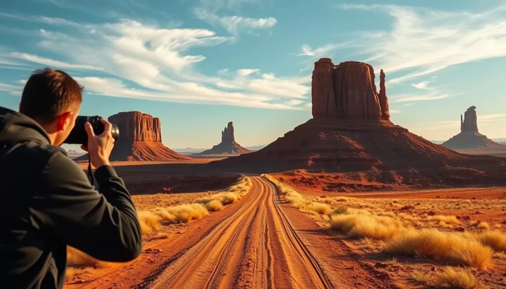 A sweeping landscape of Monument Valley's iconic buttes and mesas, bathed in the warm glow of golden hour sunlight. In the foreground, a lone photographer frames the iconic "Mittens" formations through a wide-angle lens, capturing the dramatic interplay of light and shadow. The middle ground features a winding dirt road, leading the eye towards the towering, rust-colored monoliths in the distance. Wispy clouds dot the azure sky, adding depth and dimension to the scene. The overall mood is one of serene tranquility, inviting the viewer to experience the majesty of this renowned natural wonder through the lens of a dedicated photographer.