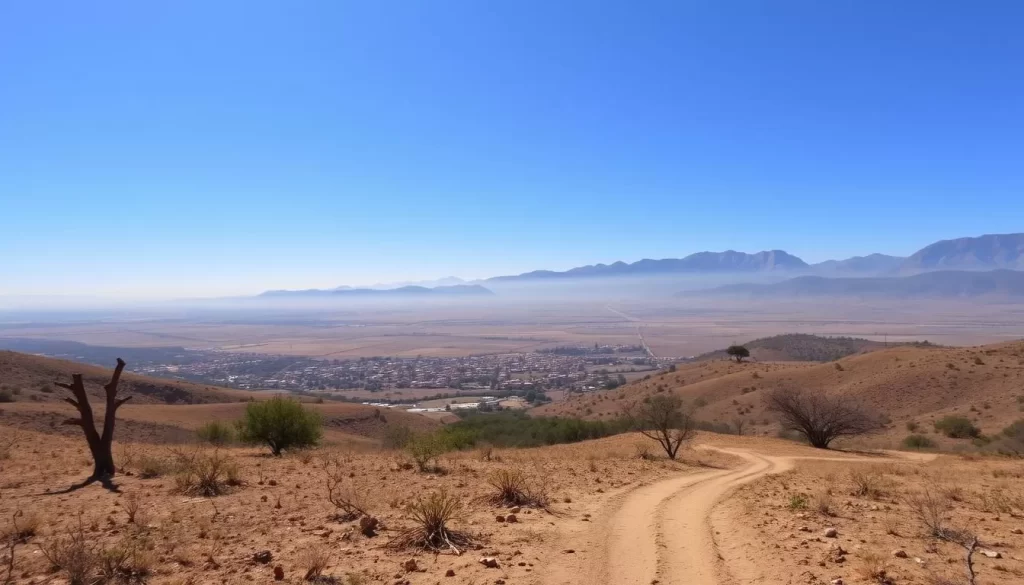 A sweeping landscape of rolling hills and parched earth under a bright, cloudless sky. In the foreground, a dusty path winds through a sparse, scrubby vegetation, dotted with the occasional gnarled tree. The middle ground is dominated by a panorama of sun-drenched fields and small villages nestled in the hills, their adobe buildings shimmering in the hazy light. In the distance, rugged mountains rise up, their sharp peaks silhouetted against the piercing blue expanse. The scene exudes a sense of tranquility and timelessness, capturing the essence of Guatemala's dry season.