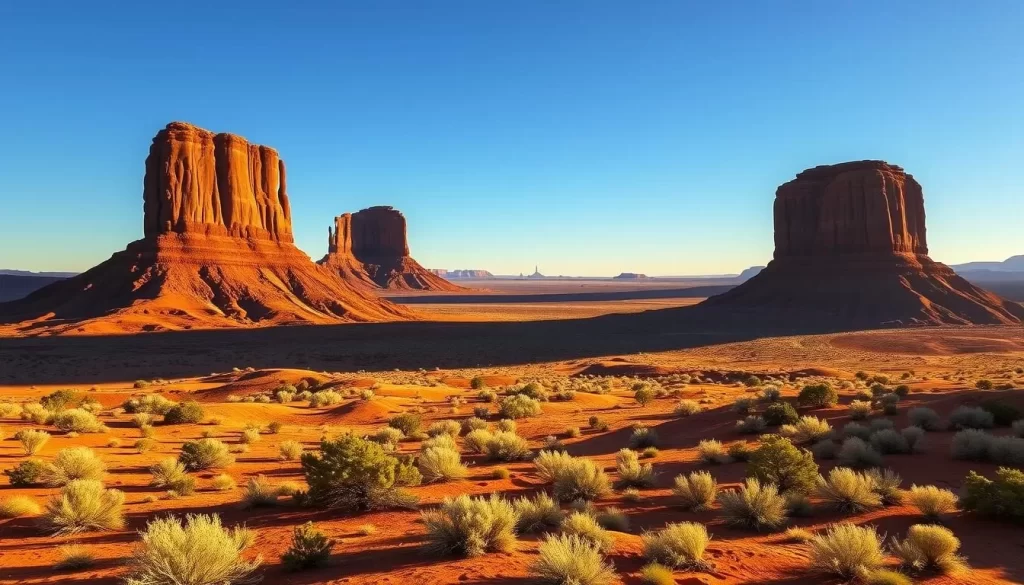 A sweeping, majestic vista of the iconic Monument Valley Mittens, their sandstone towers rising majestically against a clear azure sky. Warm, golden sunlight bathes the scene, casting long shadows across the undulating desert landscape. In the foreground, rust-colored rock formations dotted with hardy desert vegetation lead the eye towards the towering buttes in the distance, their distinct silhouettes instantly recognizable. The composition captures the awe-inspiring scale and timeless beauty of this American Southwest landmark, inviting the viewer to step into the tranquil, serene atmosphere.