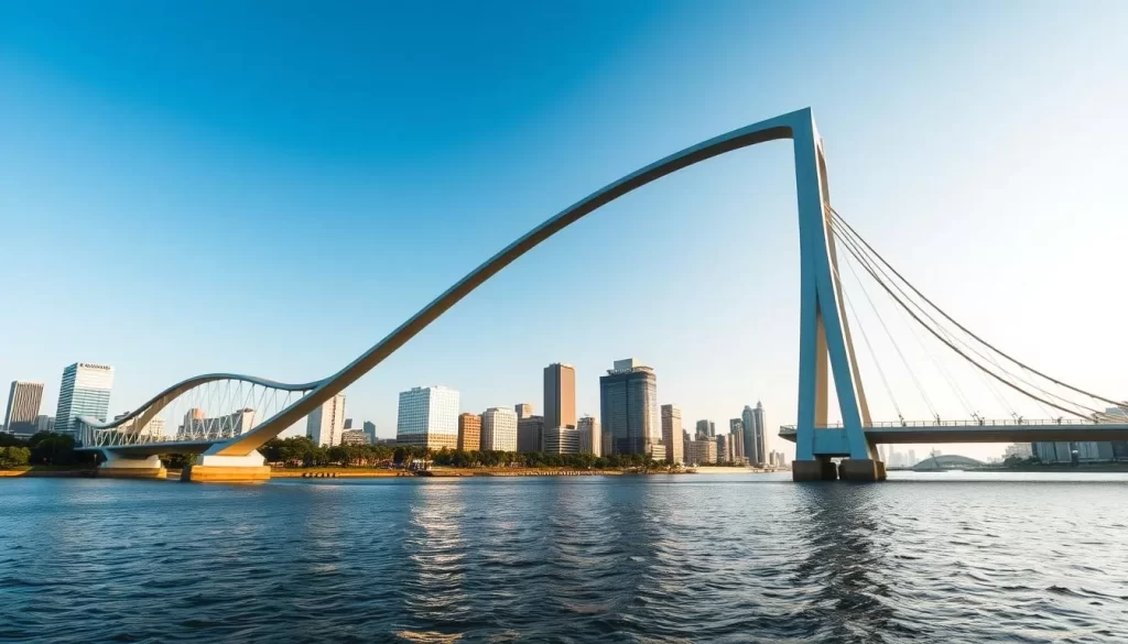 A sweeping panorama of the iconic Tokyo Gate Bridge, its graceful arches and soaring architecture standing tall against a backdrop of clear azure skies. The bridge's sleek, contemporary design is accentuated by the warm, golden glow of the afternoon sun, casting a soft, diffused light across the steel and glass structure. In the foreground, the shimmering waters of the river below mirror the bridge's elegant silhouette, creating a serene, reflective surface. The middle ground features the bustling cityscape of Koto-ku, with its modern high-rises and lush greenery, all framed by the bridge's striking architectural elements. The composition captures the perfect balance of modern engineering, natural beauty, and the vibrant energy of Tokyo, showcasing the architectural highlights and breathtaking city views that define this dynamic urban landscape.