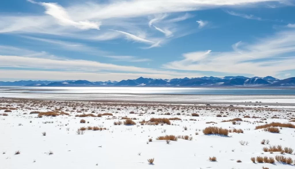 A sweeping panorama of the rugged Nunavut landscape on a crisp, clear day. In the foreground, a pristine snowy field dotted with patches of tundra vegetation, the clean lines of the horizon broken by the silhouettes of distant, majestic mountains. The sky is a brilliant azure, with wispy clouds casting delicate shadows across the scene. The lighting is soft and diffused, creating a sense of tranquility and serenity. In the middle ground, a shimmering lake reflects the surrounding beauty, its waters still and calm. The overall mood is one of peaceful solitude, capturing the essence of Nunavut's weather-savvy allure.