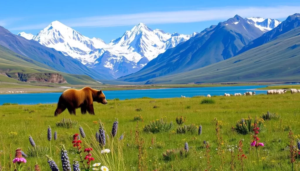 A sweeping vista of Kluane National Park, the towering mountains of the Mackenzie Range rising in the background. In the foreground, a grassy meadow teeming with wild flora - vibrant wildflowers sway gently in the breeze. A lone grizzly bear ambles through the scene, foraging for berries, its massive frame silhouetted against the cloudless azure sky. A herd of Dall sheep graze on the distant slopes, their white coats glistening in the warm afternoon light. A crystal-clear mountain lake reflects the rugged peaks, inviting visitors to pause and observe the abundant wildlife thriving in this pristine wilderness.