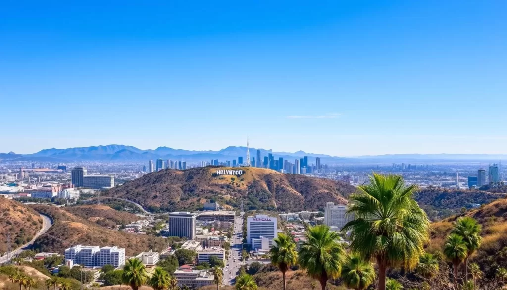 A sweeping vista of Los Angeles on a bright, sunny day. The iconic Hollywood Sign sits atop the rolling hills, its white lettering gleaming in the warm California sun. In the foreground, palm trees sway gently, their fronds casting dappled shadows across the bustling city streets below. The skyline is a stunning array of skyscrapers and high-rises, their glass facades reflecting the brilliant blue sky above. In the distance, the majestic Santa Monica Mountains rise up, their jagged peaks a dramatic contrast to the urban landscape. The scene captures the vibrant, lively atmosphere of this celebrated West Coast metropolis, where visitors are often surprised by the perpetually pleasant weather.