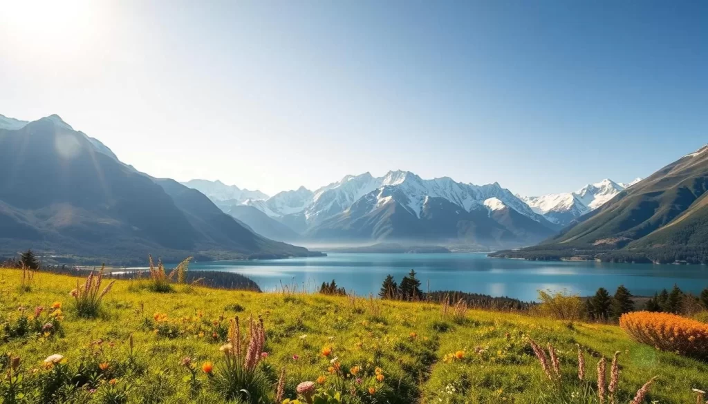 A sweeping vista of Nagano Prefecture's natural beauty, bathed in warm, golden sunlight. In the foreground, a lush, verdant meadow dotted with vibrant wildflowers sways gently in a gentle breeze. The middle ground features a serene, crystal-clear lake, its tranquil surface reflecting the surrounding mountains. In the background, majestic, snow-capped peaks rise majestically, their jagged silhouettes etched against a brilliant, azure sky. The scene conveys a sense of peace, tranquility, and the awe-inspiring grandeur of the Japanese Alps. Capture this scene with a wide-angle lens, using a shallow depth of field to draw the viewer's eye towards the focal point of the meadow and lake.