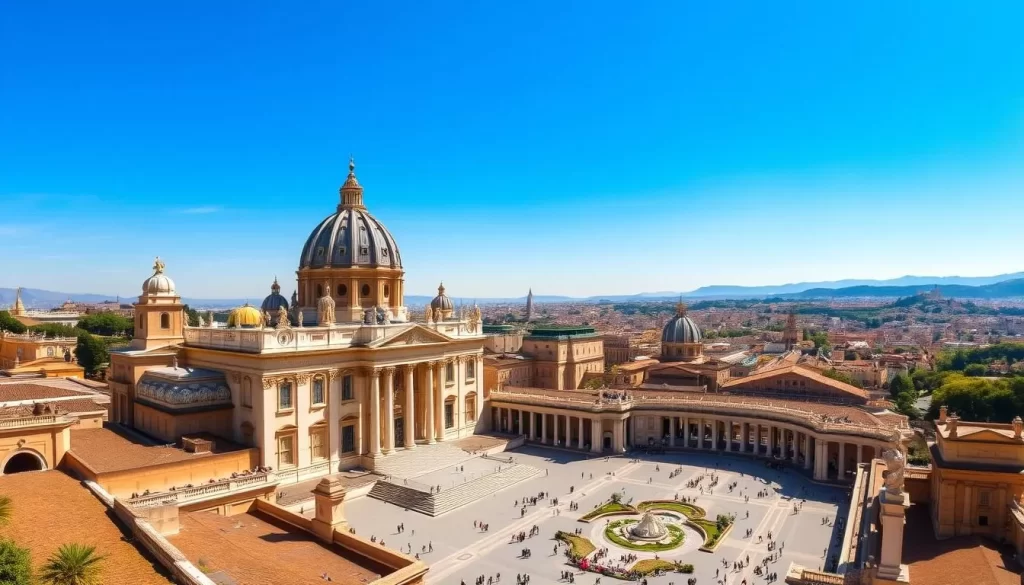 A sweeping vista of Vatican City, nestled under a bright, azure sky. In the foreground, the iconic St. Peter's Basilica dominates the scene, its ornate façade and towering dome reflecting the warm, golden light. Surrounding the basilica, the Apostolic Palace and other historic structures create a harmonious architectural tapestry, inviting the viewer to explore the wonders of this spiritual and cultural epicenter. The middle ground features the manicured gardens and fountains of St. Peter's Square, where visitors can be seen strolling leisurely. In the distance, the cityscape of Rome rises, blending seamlessly with the backdrop of rolling hills and a panoramic vista that captures the essence of this magnificent, centuries-old city.