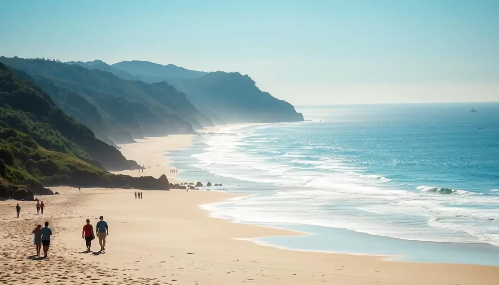A sweeping vista of the Boso Peninsula's picturesque coastline, with soft white sand beaches kissed by gentle waves. In the foreground, a group of beachgoers stroll along the shoreline, their silhouettes captured against the warm, golden light of the sun. Lush, verdant cliffs rise in the middle ground, their rugged edges softened by the hazy atmospheric perspective. In the distance, the shimmering azure ocean stretches out to the horizon, dotted with the occasional fishing boat or seabird taking flight. The scene exudes a sense of tranquility and natural beauty, inviting the viewer to imagine the perfect day spent relaxing on this serene, Japanese beach.