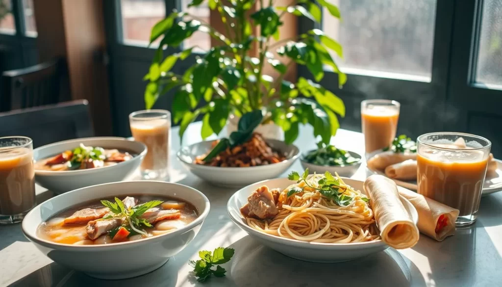 A table filled with an array of Vietnamese noodle dishes, including steaming bowls of pho with slices of rare beef, fragrant herbs, and vibrant sprouts. Stir-fried rice noodles with tender chicken, crunchy bean sprouts, and fresh cilantro. Crisp spring rolls, their golden-brown wrappers revealing a savory filling. Glasses of cool, refreshing Vietnamese iced coffee casting long shadows across the table. Sunlight streams in through large windows, casting a warm, inviting glow over the scene. A lush, verdant potted plant in the background adds a touch of lush, tropical ambiance.