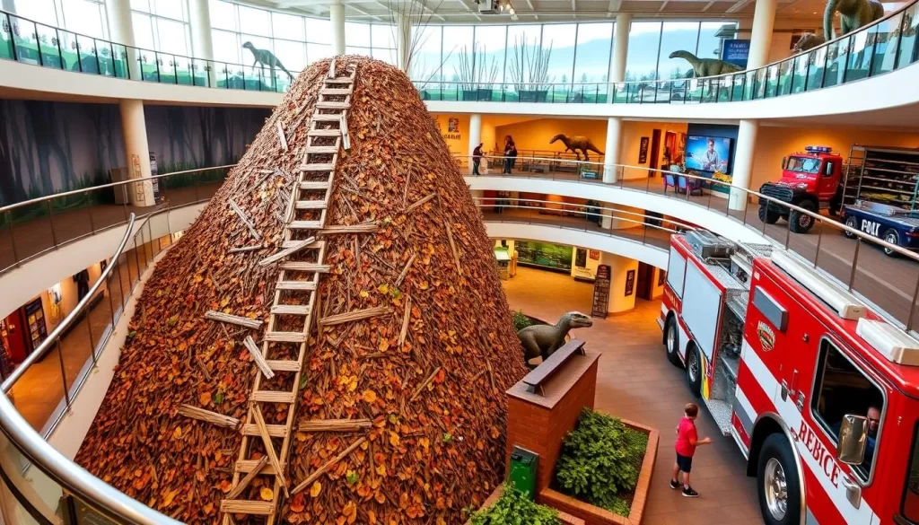A three-story museum with interactive exhibits, including a giant leaf pile climbing structure, a dinosaur maze, and a fully-equipped fire engine.