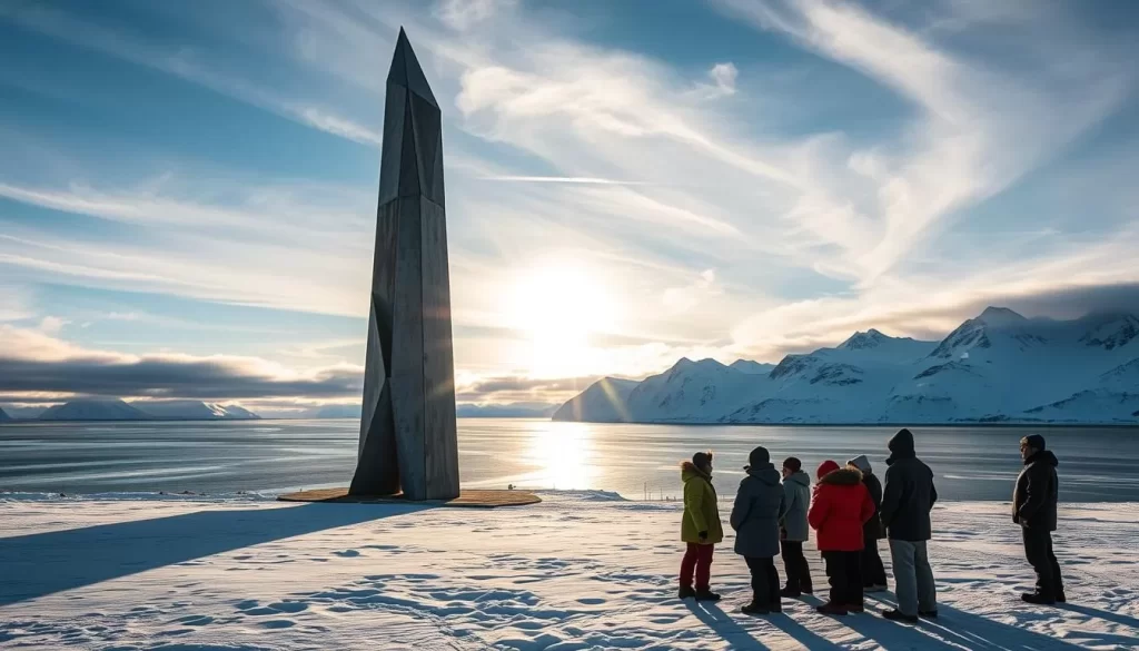 A towering monument stands in the heart of Grise Fiord, Nunavut, its striking silhouette casting a shadow across the snowy tundra. The monument's angular, geometric form is crafted from weathered steel, its rugged texture a testament to the harsh Arctic environment. In the foreground, a group of Inuit elders gather, their traditional parkas and mukluks a vibrant contrast against the muted tones of the landscape. The sun's golden rays filter through wispy clouds, casting a warm glow over the scene. In the distance, the glimmering waters of the fjord stretch out, framed by jagged, snow-capped peaks. This powerful image captures the enduring spirit and cultural heritage of the Inuit people who have called this remote corner of the Canadian Arctic home for centuries.