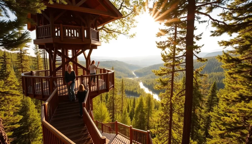 A towering wildlife viewing platform nestled in a lush forest, its wooden beams and railings blending seamlessly with the verdant surroundings. Sunlight filters through the canopy of trees, casting a warm, golden glow on the scene. Visitors ascend the winding staircase, their eyes scanning the distance for the chance to spot deer, elk, or perhaps even a majestic bear. The platform offers panoramic views of the rolling hills and meandering streams, providing an immersive experience to observe the region's diverse flora and fauna in their natural habitat.