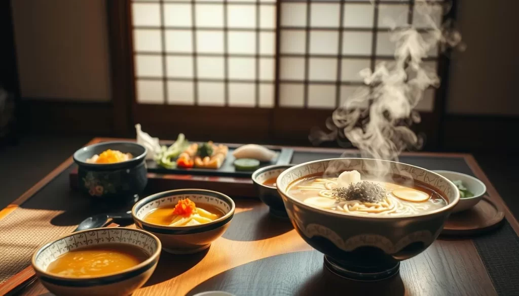 A traditional Japanese meal set on a low wooden table, with a steaming bowl of ramen noodles in the foreground, accompanied by a selection of side dishes such as miso soup, sushi, tempura, and pickled vegetables. The scene is bathed in warm, natural lighting, and the table is adorned with a simple, elegant Japanese aesthetic. In the background, a traditional rice paper screen or shoji door provides a serene and tranquil backdrop, evoking the timeless elegance of Japanese culture.