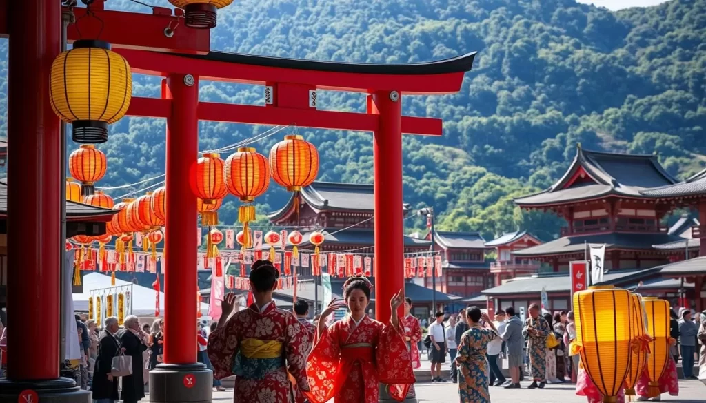 A traditional festival in Tokushima, Japan, with vibrant colors and intricate details. In the foreground, a group of kimono-clad dancers perform an elegant, ritualistic dance beneath a ornate, crimson Torii gate. In the middle ground, colorful paper lanterns and banners sway gently in the breeze, casting a warm, inviting glow. In the background, ancient temple structures and lush, verdant hills provide a serene and auspicious backdrop. The scene is bathed in soft, natural lighting, capturing the reverence and cultural richness of this revered religious celebration.