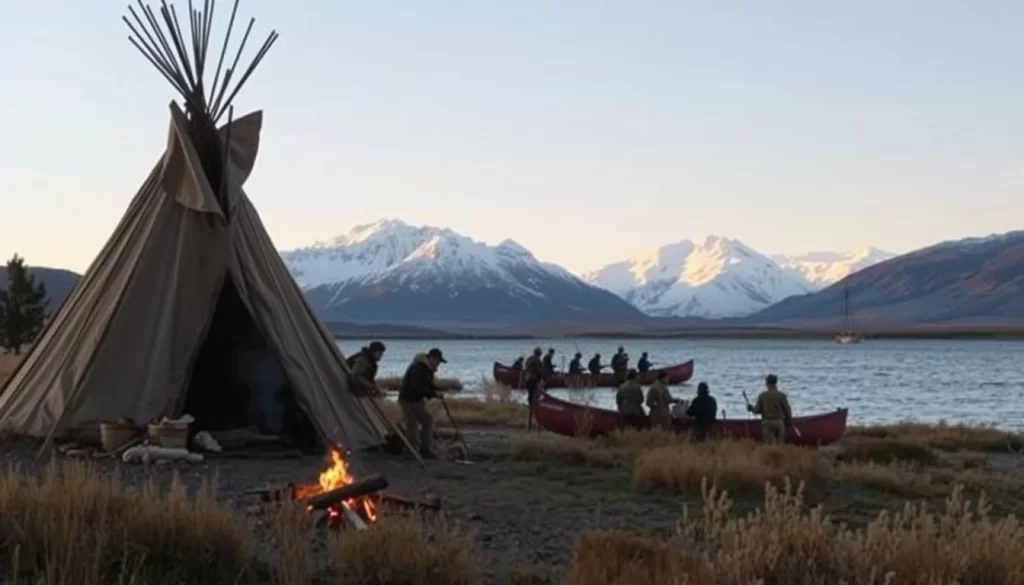 A traditional indigenous encampment nestled in the rugged landscape of the Northwest Territories. A weathered teepee stands proudly, its canvas billowing in the gentle breeze. Nearby, a small fire pit crackles, surrounded by indigenous elders and children engaged in crafting and storytelling. In the middle ground, a group of hunters return from a successful expedition, their canoe gliding smoothly across the calm waters of a pristine lake. Towering mountains rise in the distance, their snow-capped peaks bathed in the warm glow of the afternoon sun. The scene exudes a sense of timelessness and connection to the land, capturing the essence of a traditional indigenous lifestyle in the Northwest Territories.