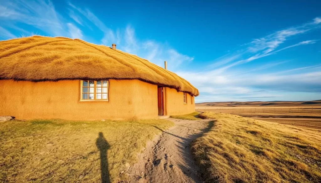A traditional sod house nestled in the vast, rolling tundra of the Canadian Arctic. The structure's thick, grassy sod walls and turf roof blend seamlessly with the surrounding landscape, creating a harmonious, rustic scene. Sunlight filters through the windows, casting a warm, golden glow across the weathered exterior. In the foreground, a well-worn dirt path leads towards the simple, sturdy wooden door, inviting visitors to step inside and experience the rich history and timeless craftsmanship of this iconic northern dwelling. The sky above is a brilliant, cloudless blue, reflecting the serene and tranquil atmosphere of this remote, yet captivating location.