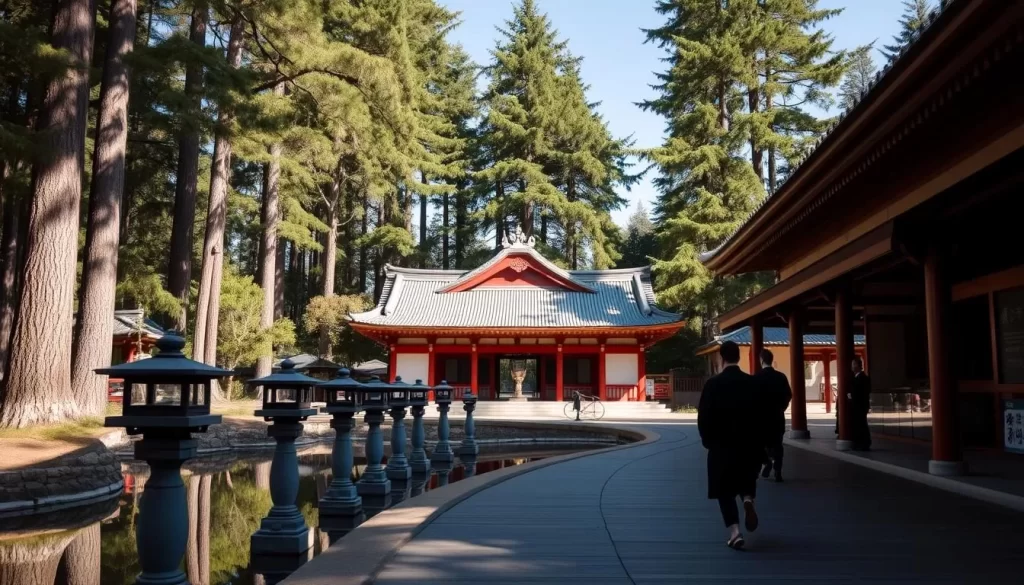 A tranquil Shinto shrine nestled amidst towering cedars, sunlight filtering through their verdant canopy. The main pavilion, its elegant roofline and vermilion pillars reflecting in a serene pond. Stone lanterns lining a winding path, leading visitors to the shrine's inner sanctum. Traditional architectural elements like sweeping eaves and ornate carvings evoke the rich cultural heritage of Miyazaki. Worshippers in traditional attire approach the offering hall, their silhouettes casting long shadows across the polished wooden floors. An atmosphere of quiet contemplation and reverence pervades the sacred space, inviting visitors to pause and connect with the region's spiritual traditions.