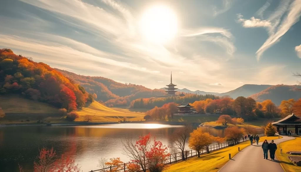 A tranquil autumn afternoon in Akita Prefecture, Japan. Vibrant foliage adorns the rolling hills, complementing the serene lake in the foreground. Warm sunlight filters through wispy clouds, casting a golden glow over the picturesque landscape. In the distance, a traditional Japanese temple stands as a cultural landmark, its elegant architecture blending seamlessly with the natural surroundings. Visitors stroll along the well-maintained paths, taking in the breathtaking views and the refreshing, crisp air. This idyllic scene captures the essence of Akita's best travel season, inviting travelers to immerse themselves in the beauty and tranquility of this remarkable region.