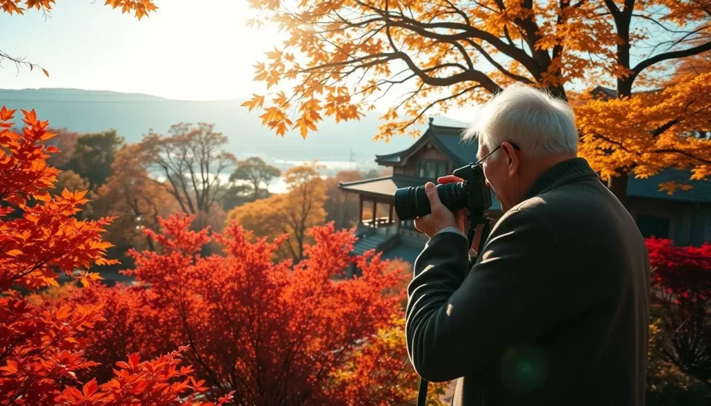 A tranquil autumn day in Nagasaki, Japan. An elderly photographer stands amidst the vibrant foliage, skillfully framing a shot of the iconic Glover Garden. Warm sunlight filters through the trees, casting a golden glow over the historic architecture. The foreground is filled with vivid reds, oranges, and yellows, leading the eye towards the distant Nagasaki Harbor. A classic Hasselblad camera with a medium-format lens captures the essence of this picturesque scene, showcasing the dynamic interplay of light, color, and heritage. The mood is serene, inviting the viewer to experience the changing seasons of this captivating prefecture.