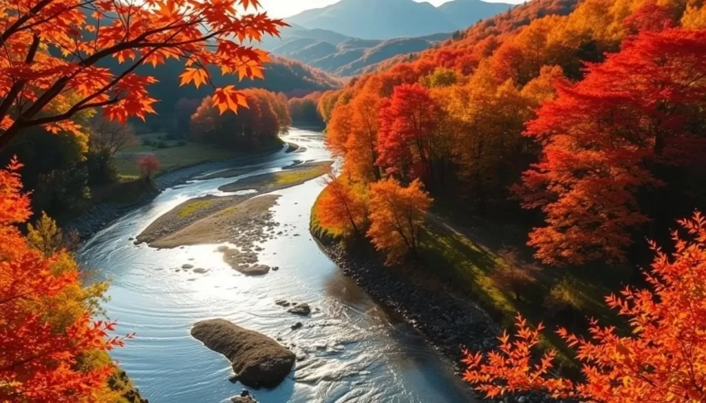 A tranquil autumn landscape in Shimane, Japan. A winding river flows gently through a picturesque valley, its banks lined with vibrant maple trees in shades of red, orange, and yellow. Sunlight filters through the leaves, casting a warm, golden glow over the scene. In the distance, rolling hills and mountains rise up, their slopes blanketed in the rich hues of the changing foliage. A serene, atmospheric image capturing the beauty and essence of autumn in this stunning region.