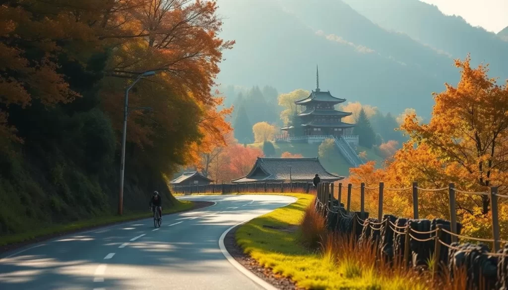 A tranquil autumn morning in Ehime, Japan. A lone cyclist pedals along a winding country road, surrounded by lush green hills and vibrant foliage. The soft, diffused sunlight filters through the canopy of trees, casting a warm, golden glow over the scene. In the distance, a historic temple or shrine stands serenely, its elegant architecture blending seamlessly with the natural landscape. The atmosphere is serene and peaceful, conveying the sense of an uncrowded, off-peak journey through the idyllic countryside of Ehime.