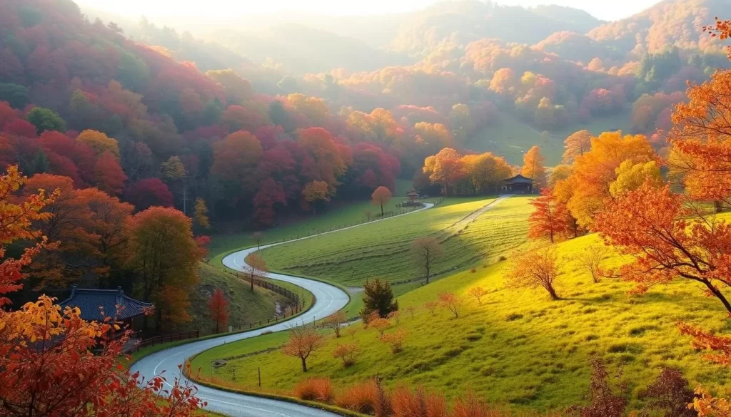 A tranquil autumn scene in Yoshino Kumano National Park, Japan. Lush foliage in hues of red, orange, and gold blankets the rolling hills. A winding path meanders through the vibrant landscape, inviting visitors to explore. Soft, diffused sunlight filters through the canopy, casting a warm glow over the serene setting. In the distance, a traditional Japanese pavilion stands as a testament to the region's rich cultural heritage. The air is crisp and refreshing, perfectly capturing the essence of the best time to visit this enchanting natural wonder.