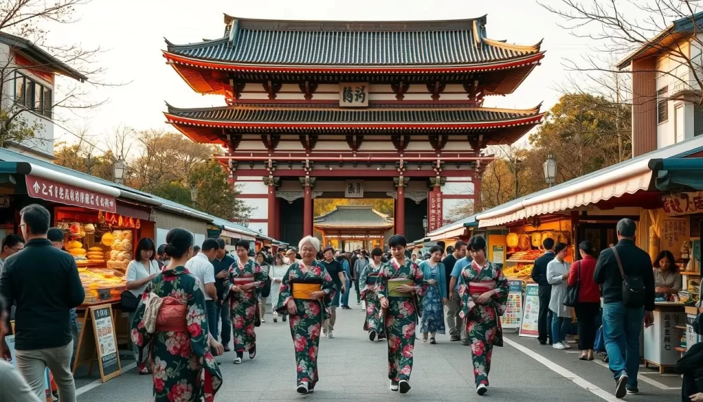 A tranquil festival scene in Wakayama, Japan. In the foreground, a group of people in traditional kimono gracefully navigate the crowds, mindful of their surroundings. In the middle ground, stalls selling delectable street food and artisanal crafts line the streets, their vibrant colors and inviting aromas creating a lively atmosphere. The background features the iconic architecture of a historic shrine, its intricate details bathed in warm, golden light. Gentle breezes carry the sounds of traditional music and laughter, evoking a sense of harmony and cultural celebration. The overall mood is one of reverence, community, and immersive cultural experience.