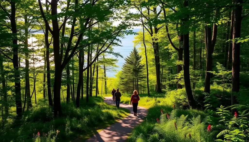 A tranquil forest trail winds through the lush, verdant wilderness of Malpeque Bay, Prince Edward Island. Sunlight filters through the canopy of towering oak and maple trees, casting a warm, golden glow over the winding path. In the distance, glimpses of the sparkling, azure waters of the bay can be seen through the foliage. The trail is flanked by vibrant wildflowers and ferns, adding pops of color to the serene landscape. Hikers stroll leisurely, taking in the sights and sounds of this picturesque natural wonder. The air is crisp and clean, carrying the refreshing scent of the nearby ocean. A sense of tranquility and adventure permeates the scene, inviting visitors to immerse themselves in the beauty of Malpeque Bay's natural splendor.