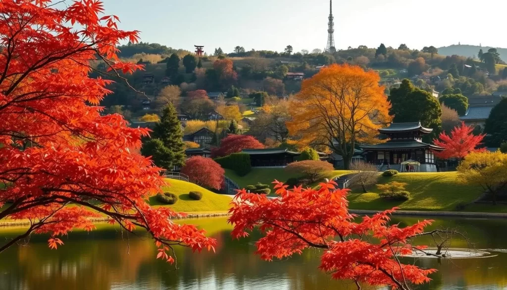 A tranquil hillside in Fukushima Prefecture, Japan, adorned with meticulously maintained traditional Japanese gardens. In the foreground, a serene pond reflects the vibrant foliage of maple trees, their crimson leaves swaying gently in the warm afternoon breeze. In the middle ground, a centuries-old pagoda stands tall, its intricate architectural details illuminated by the soft, natural lighting. In the background, the rolling hills are dotted with the silhouettes of shrines and temples, showcasing the region's rich cultural heritage. The overall scene exudes a sense of timeless elegance and reverence for the past.