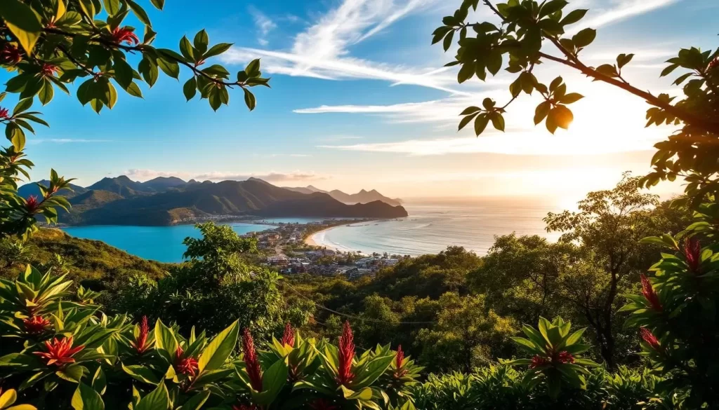 A tranquil landscape in Honduras, bathed in warm, golden sunlight. The foreground showcases lush, verdant foliage, with vibrant tropical plants and flowers. In the middle ground, a picturesque seaside town nestled along a pristine, turquoise coastline. Gentle waves lap against the sandy shore. The background features rugged, undulating mountains, their peaks touched by wispy clouds. The scene exudes a serene, idyllic atmosphere, capturing the essence of Honduras' best travel months - a weather-savvy paradise of natural beauty.