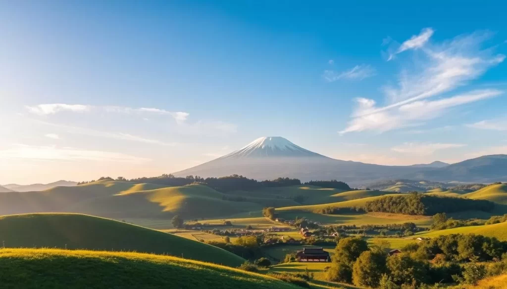 A tranquil landscape in Kumamoto, Japan, under a clear blue sky. Rolling hills and lush greenery in the foreground, with the iconic Mount Aso volcano rising majestically in the distance. Dappled sunlight filters through wispy clouds, casting warm, golden tones across the scene. In the middle ground, a small traditional Japanese village nestled among rice paddies, its tiled roofs and pagodas reflecting the region's rich cultural heritage. The overall atmosphere is one of serene beauty, inviting the viewer to experience the pleasant, temperate climate that defines Kumamoto's seasons.