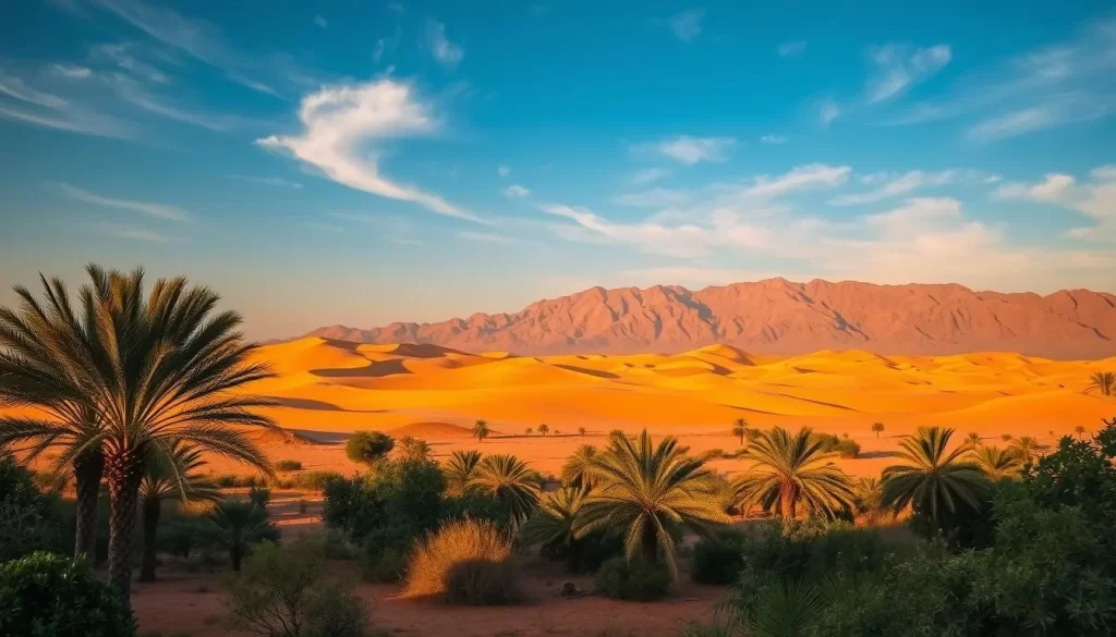 A tranquil landscape in Niger, showcasing the diverse climate features. In the foreground, a desert oasis with palm trees and lush vegetation, reflecting the country's arid regions. The middle ground depicts rolling sand dunes, capturing the essence of the Saharan landscape. In the distance, a majestic mountain range rises, hinting at the cooler, more temperate areas. The lighting is warm and golden, creating a serene and inviting atmosphere. A clear blue sky with wispy clouds overhead completes the picturesque scene, highlighting the ideal weather conditions for a weather-savvy trip to Niger.