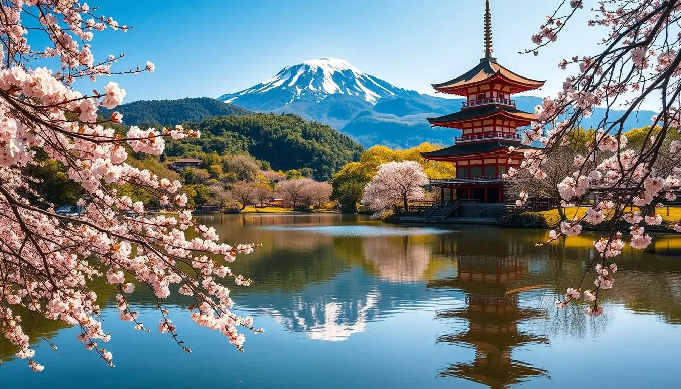 A tranquil landscape in Shiga Prefecture, Japan, during the spring season. In the foreground, a serene pond reflects the vibrant cherry blossoms that line its banks, their delicate petals cascading into the still water. In the middle ground, a traditional Japanese pagoda stands tall, its elegant architecture framed by the lush green foliage of the surrounding hills. In the distance, a majestic mountain range rises, its peaks capped with a dusting of snow, creating a stunning contrast against the clear blue sky. The scene is bathed in warm, golden light, evoking a sense of peace and harmony. A wide-angle lens captures the idyllic scene, showcasing the natural beauty and cultural heritage of this picturesque region.