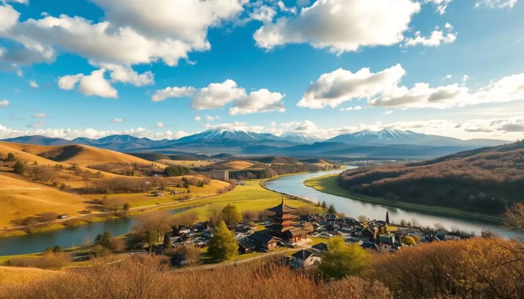 A tranquil landscape of Fukui Prefecture in Japan on a pleasant spring day. In the foreground, a picturesque village nestled among rolling hills, with traditional thatched-roof houses and a central pagoda temple. The middle ground features a winding river, its waters reflecting the azure sky and fluffy clouds above. In the background, majestic mountains rise, their peaks dusted with a light covering of snow. Warm, diffused lighting bathes the scene, creating a serene and inviting atmosphere. Capture this idyllic countryside setting with a wide-angle lens to showcase the depth and grandeur of the region.