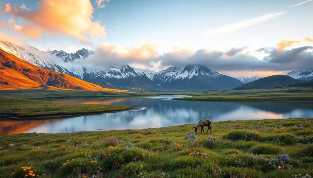 A tranquil landscape of Sylvia Grinnell Territorial Park, Nunavut, Canada. A serene lake reflects the rugged, snow-capped peaks of the surrounding mountains. Lush tundra vegetation carpets the foreground, dotted with vibrant wildflowers. Warm, golden sunlight filters through wispy clouds, casting a soft, ethereal glow over the scene. In the distance, a herd of caribou grazes peacefully amidst the rolling hills. Capture the essence of this pristine Arctic wilderness, with its breathtaking natural beauty and unspoiled charm.