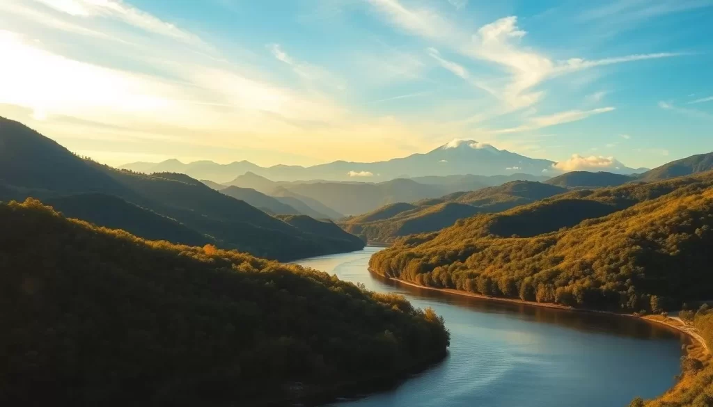 A tranquil landscape of Wakayama Prefecture, Japan, bathed in warm, golden sunlight. Rolling hills covered in lush, verdant foliage frame a serene, winding river that reflects the azure sky above. In the distance, the silhouettes of majestic mountains rise, their peaks shrouded in wispy clouds. A sense of peaceful isolation pervades the scene, inviting the viewer to lose themselves in the beauty of this spiritual heartland. The composition is balanced, with the foreground, middle ground, and background elements working in harmony to create a calming, immersive atmosphere.